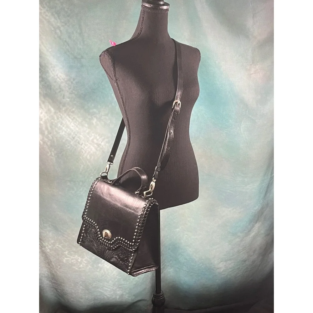 American West Black Hand Tooled Leather Studded Floral Top Handle‎ Handbag Bag